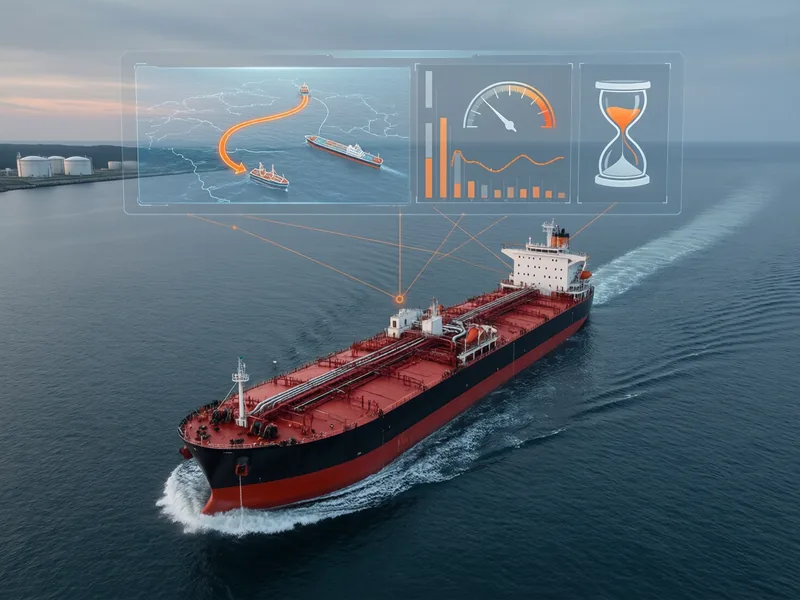 Oil tanker under way seen from above, with panels showing a route between two ships, a gauge with bar charts and an hourglass