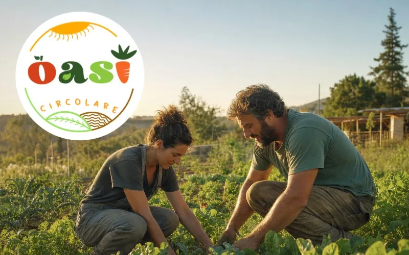Two farmers working among rows of vegetables in a field at sunset, with the Oasi Circolare logo
