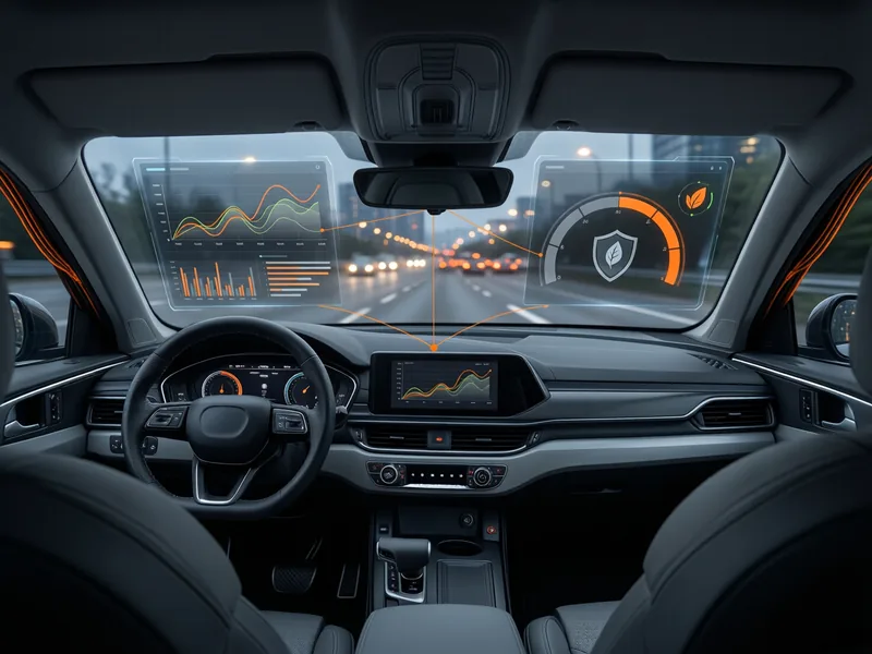 Abitacolo di un'auto in città con un pannello di analisi dello stile di guida: curve di accelerazione e frenata, indicatore di guida efficiente, icone di sicurezza ed emissioni