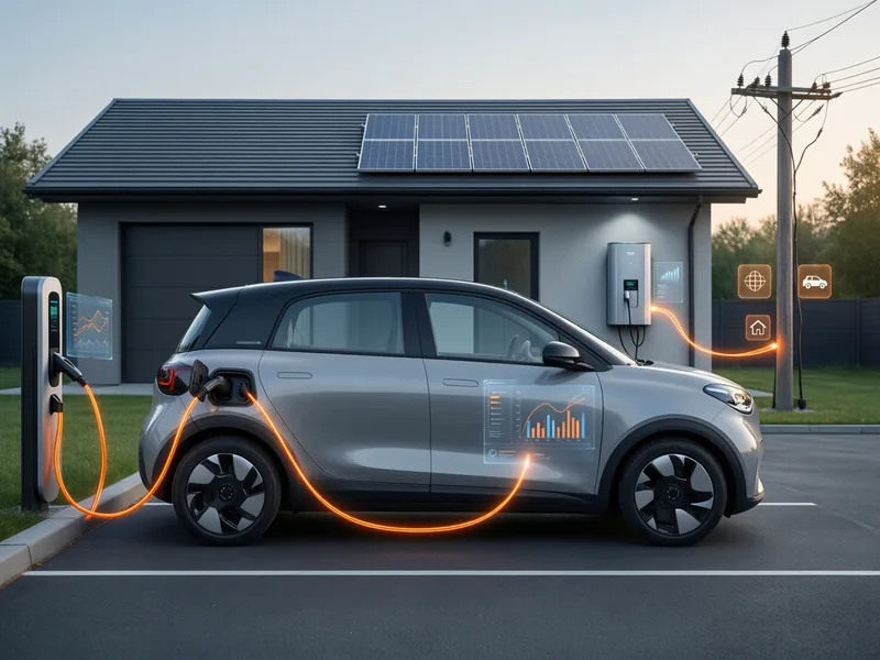 Auto elettrica in ricarica davanti a una casa con fotovoltaico, con flussi di energia nei due sensi tra veicolo, casa e rete
