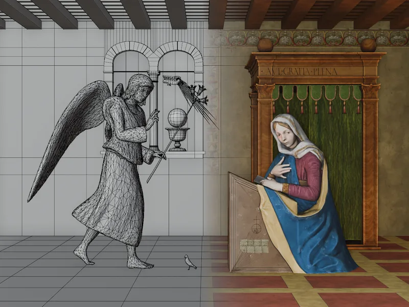La scena 3D dell'Annunciazione di Francesco da Santacroce: a sinistra la stanza e l'angelo in wireframe, a destra la stessa scena con le texture, con Maria inginocchiata al leggio