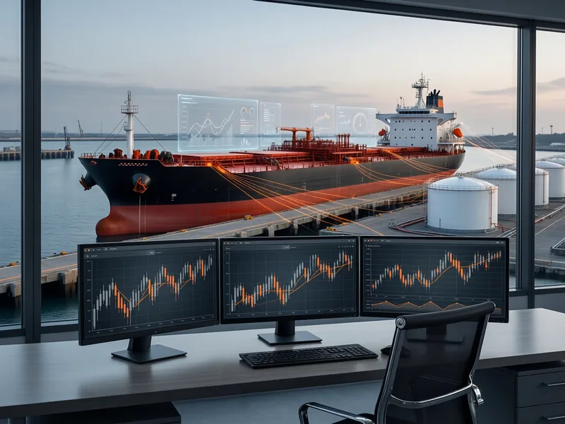 Postazione di trading con curve dei prezzi, posizioni e risultati, affacciata su un terminale petrolifero con una petroliera in banchina
