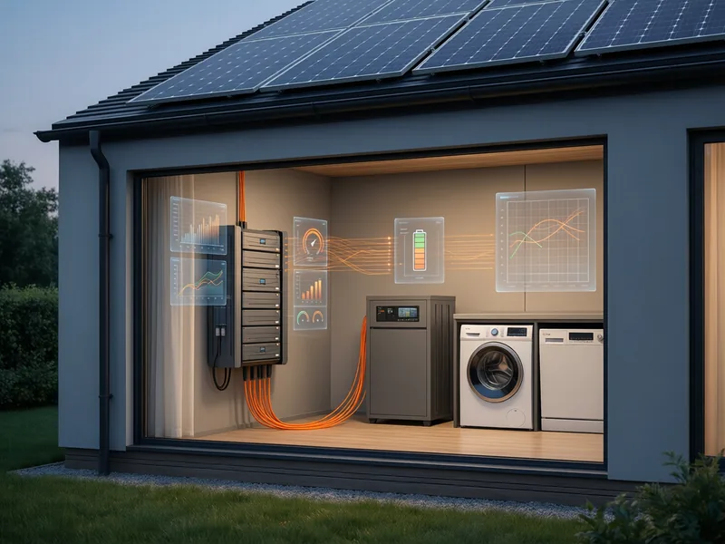 Casa con fotovoltaico e accumulo domestico, con i flussi di energia fra pannelli, batteria, elettrodomestici e rete