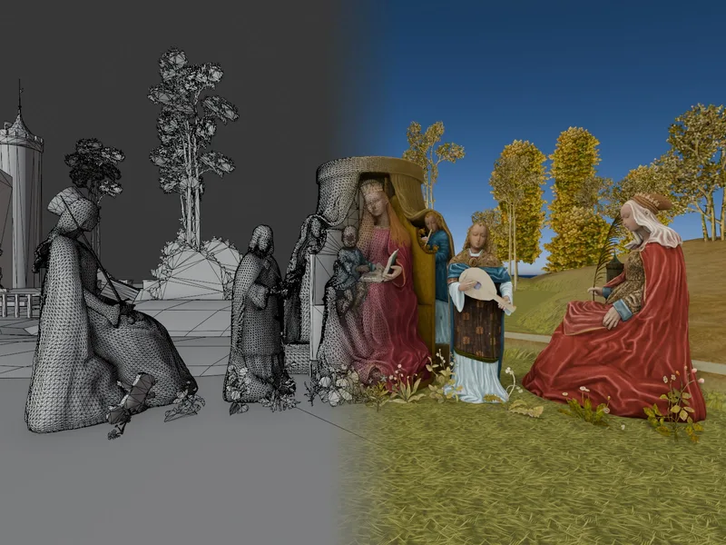 The 3D scene of the Triptych of Polizzi Generosa: on the left the figures, trees and tower in wireframe, on the right the same scene with its textures, with the Madonna and Child, an angel playing the lute and a kneeling female figure on the lawn