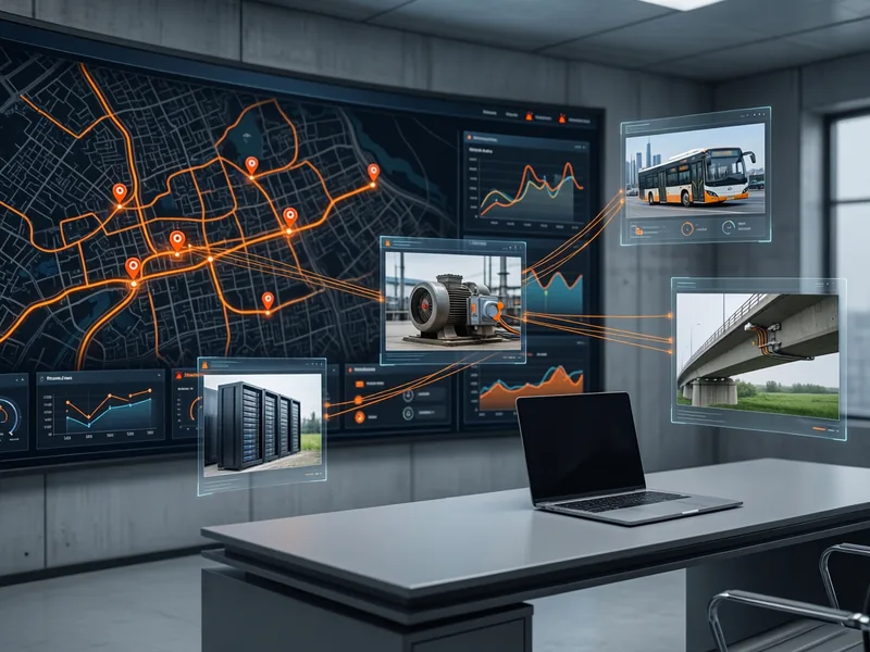 Sala di monitoraggio con mappa dei mezzi, allarmi e grafici, collegata a bus, motori, accumuli e ponti monitorati da RDM