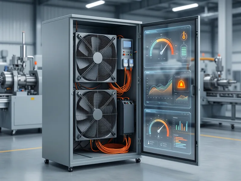 Quadro elettrico industriale aperto con ventole, sensori e UPS, e pannelli di velocità ventole, temperatura e autonomia batteria