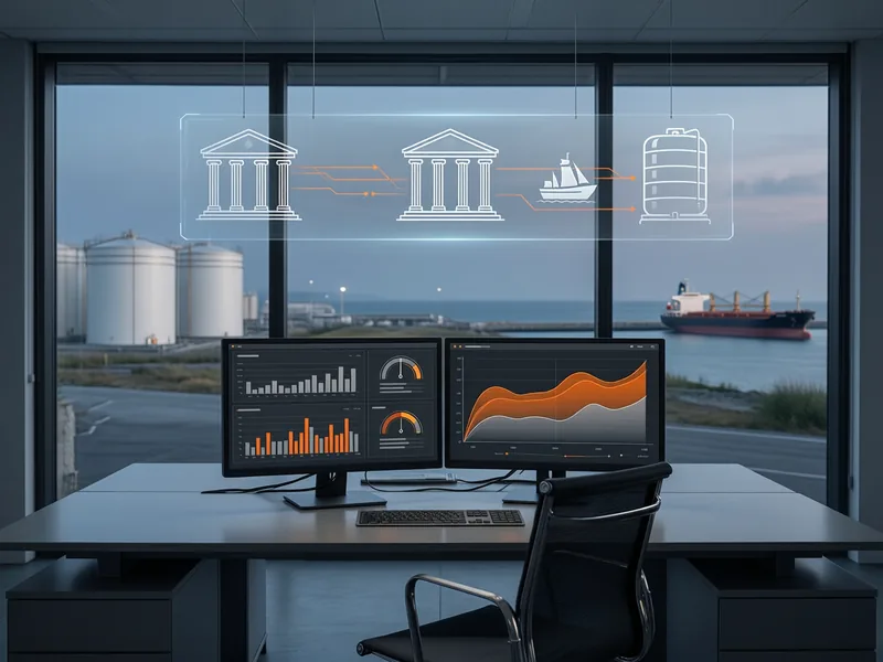 Treasury office with cash-flow charts on the screens and, beyond the window, an oil terminal with storage tanks and a tanker